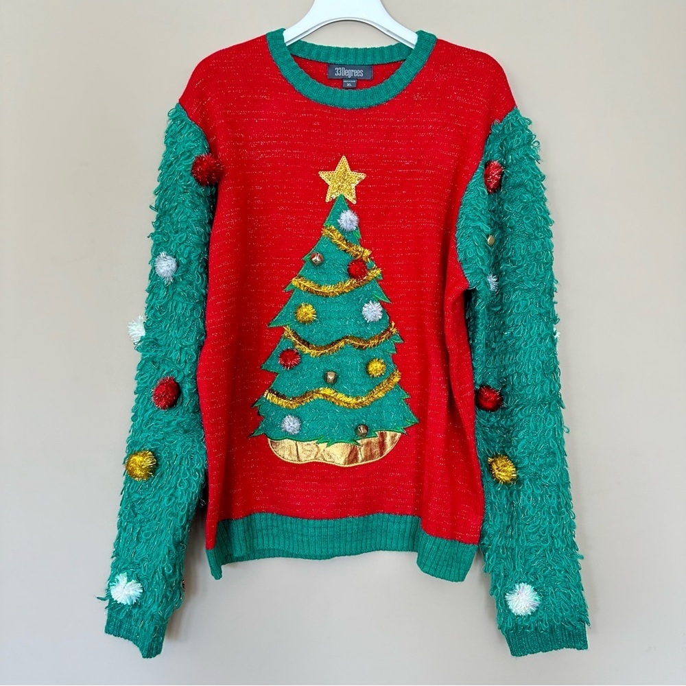 33 Degrees XL Ugly Christmas Sweater Decorated Tree Sequin Star Pom Poms Bells